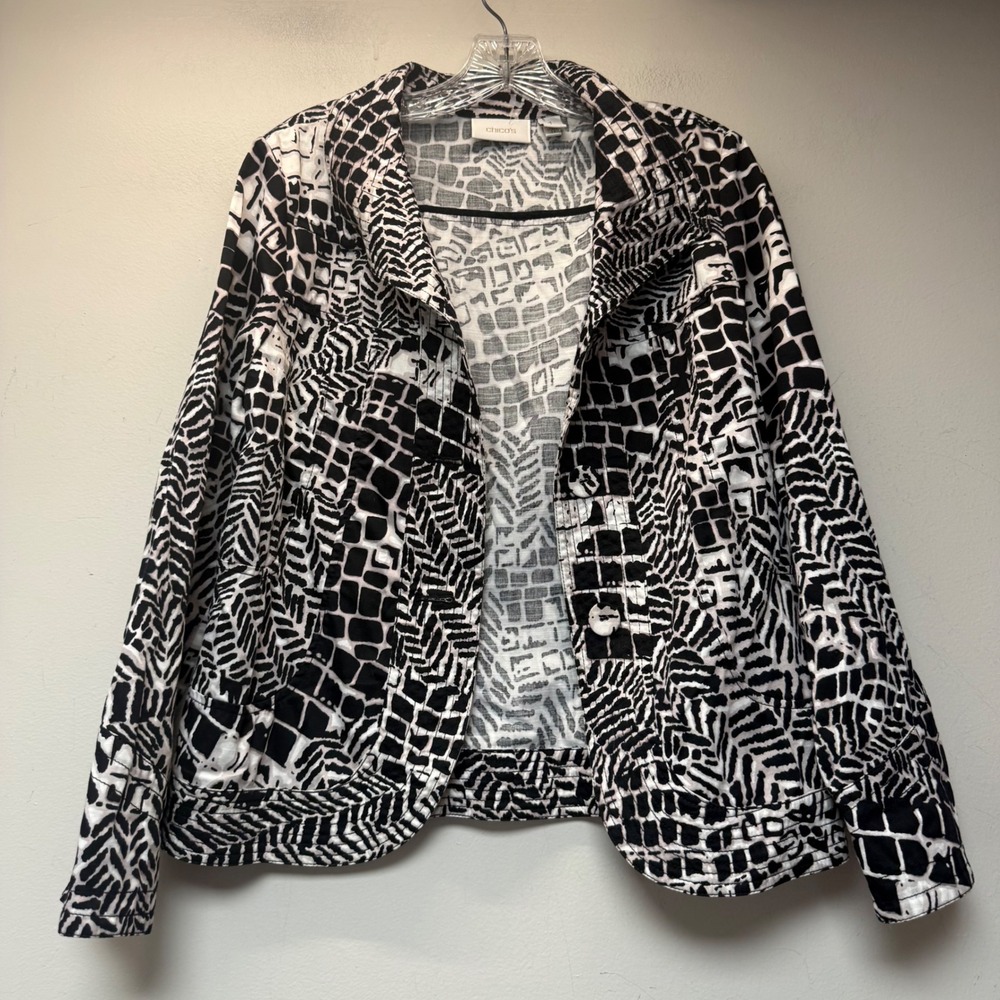 Chico's Jacket Women Size 1 Medium Black White Excellent Abstract Cotton Button
